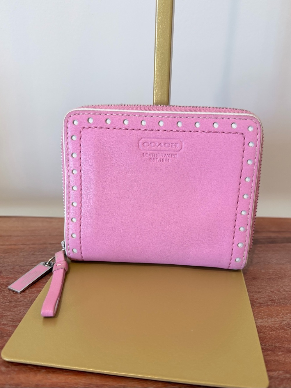 Coach Pink Leather Zip-Around Wallet with Dot Detailing